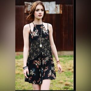 Free people Contrast Print Slip Dress Black Floral Star Pattern Size XS